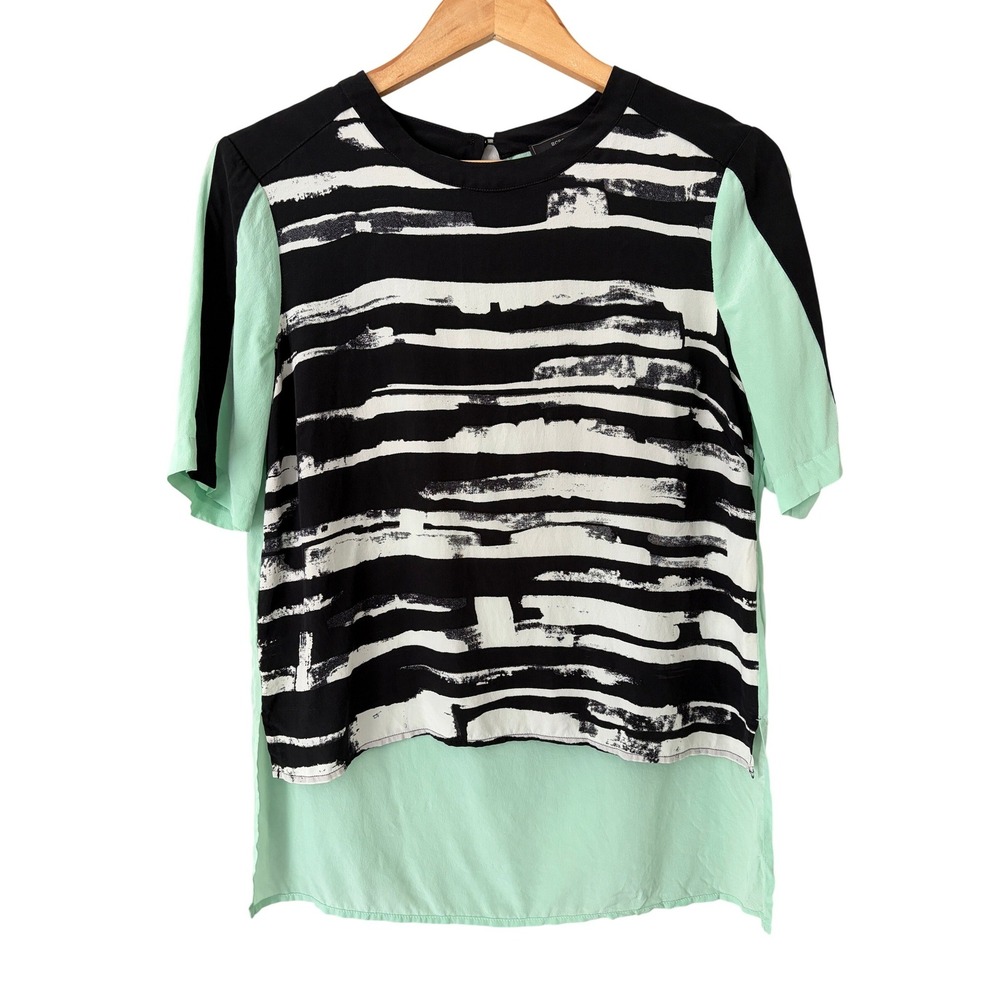 BCBGMAXAZRIA Womens 100% Silk Abstract Stripe Layered Blouse S Bregie Mint Black